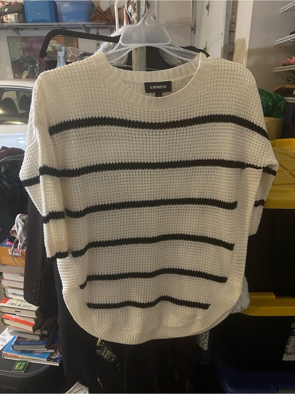 Express Cream and Black Striped Crew Neck Sweater